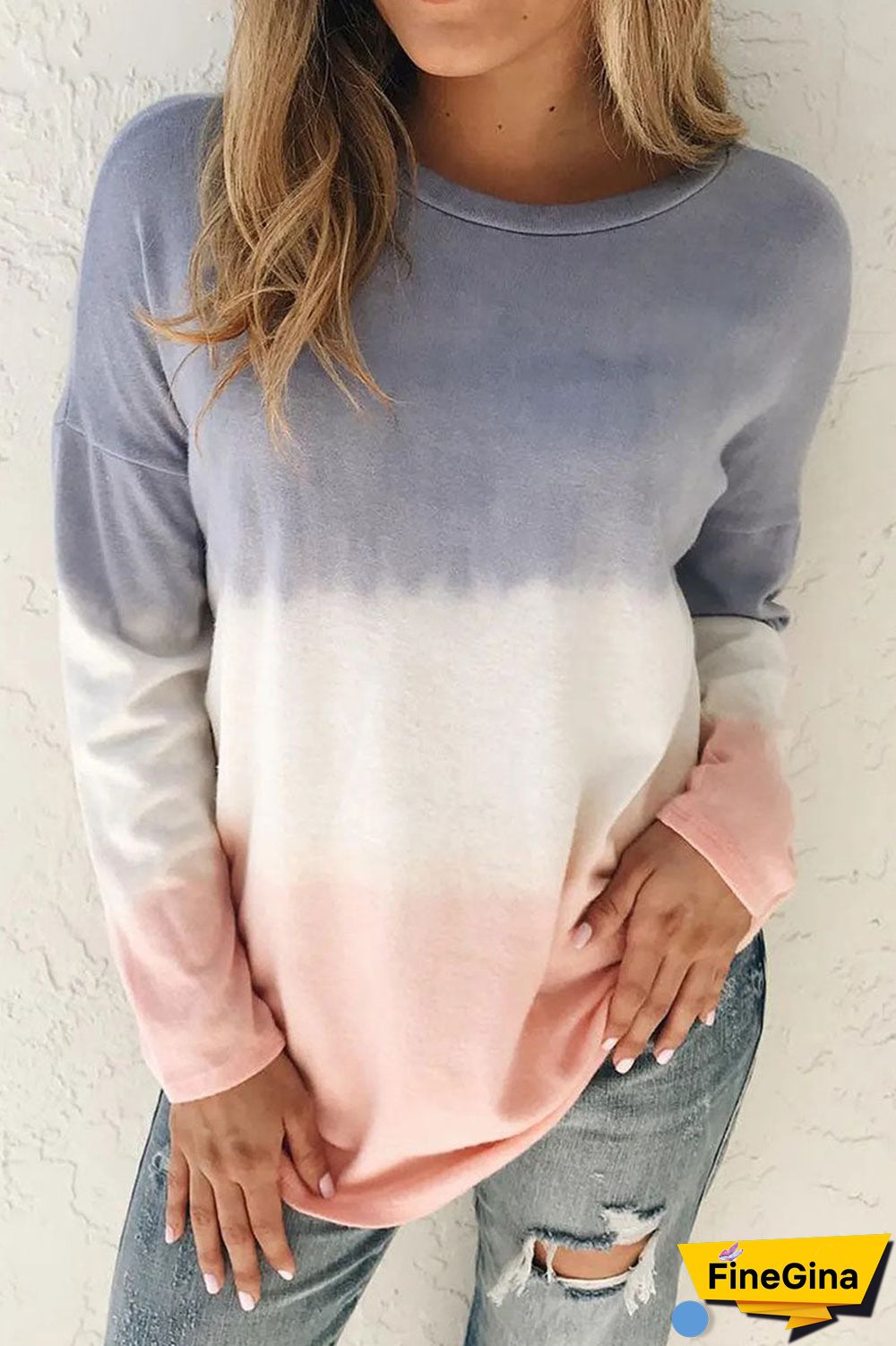 Fashion Sweet Gradual Change O Neck Tops(6 Colors)