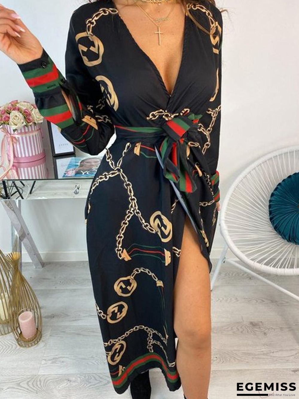 Long Sleeve Chain Baroque Print Dress Black Dresses | EGEMISS