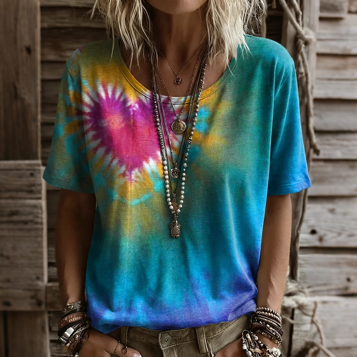 Comstylish Women's Retro Colorful Heart Tie-dye Art Print Casual Short-sleeve Crew Neck T-shirt