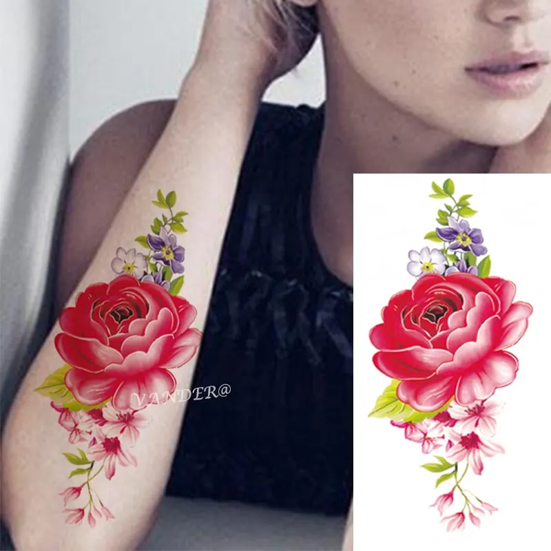 Sdrawing Temporary Flower Tattoos Women Fashion Beauty Rose Butterfly Flash 3D Fake Tattoo Arm Sleeve Pink Blue Sticker Girl