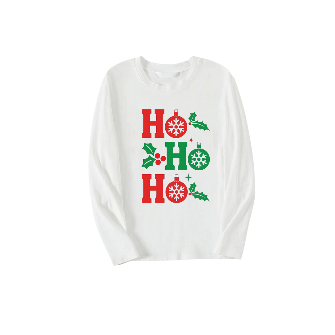 "HO HO HO" Letter Christmas 2024 Blue & White Long Sleeve Top with Blue & Black & White Plaid Family Matching Pajamas