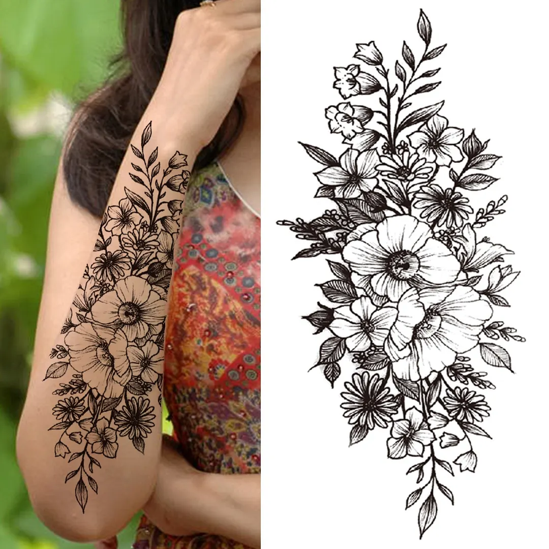 Realistic Fake Peony Temporary Tattoos For Women Girl Black Rose Elephant Flower Tattoo Sticker Tiger Anemone Tatoos Half Sleeve 515-1