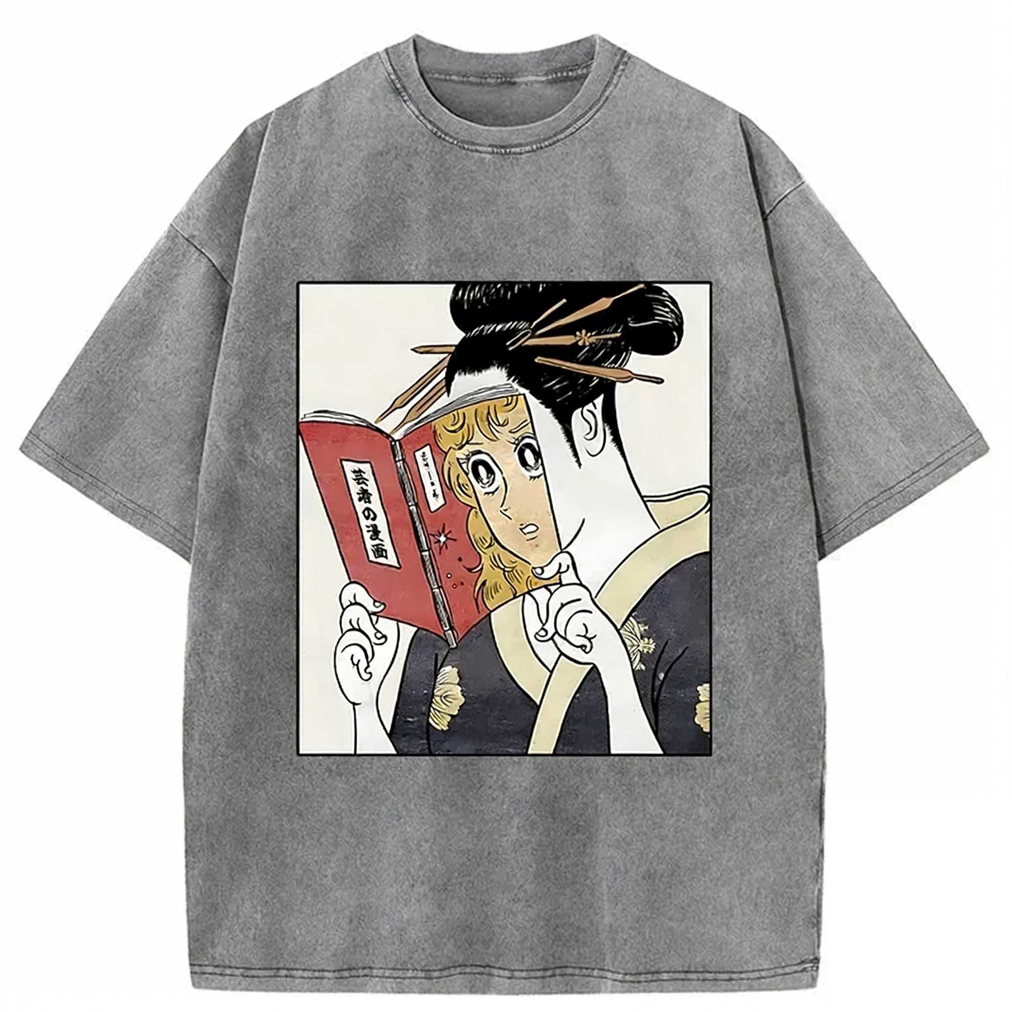 Geisha Reading Girls' Comics Washed T-shirt elevenforest