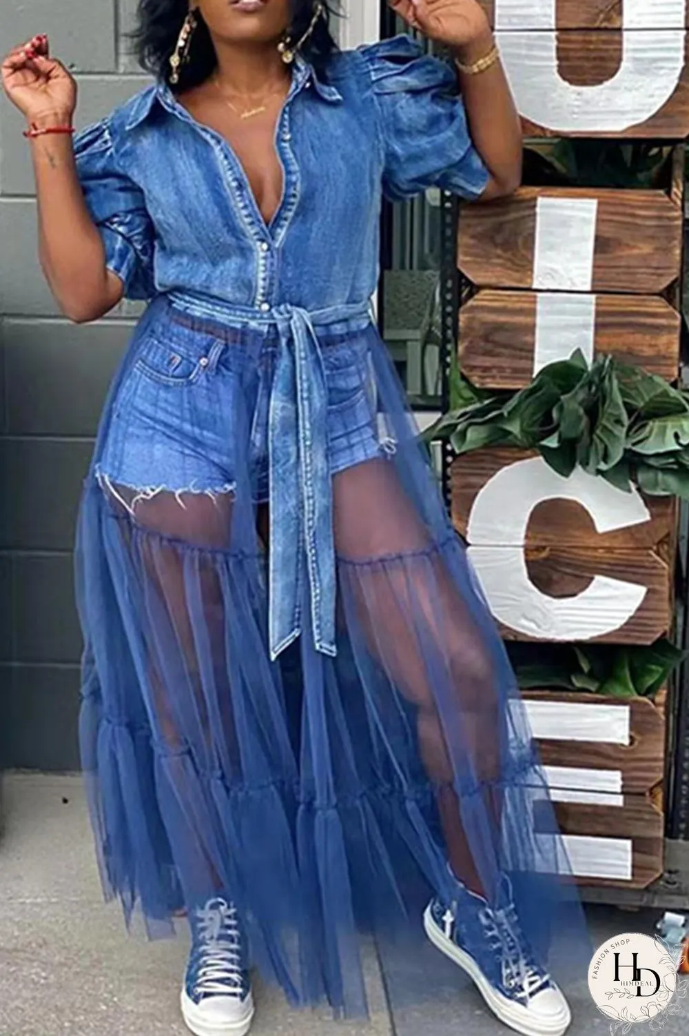 Blue Fashion Casual Plus Size Patchwork Mesh Turndown Collar Short Sleeve Dress