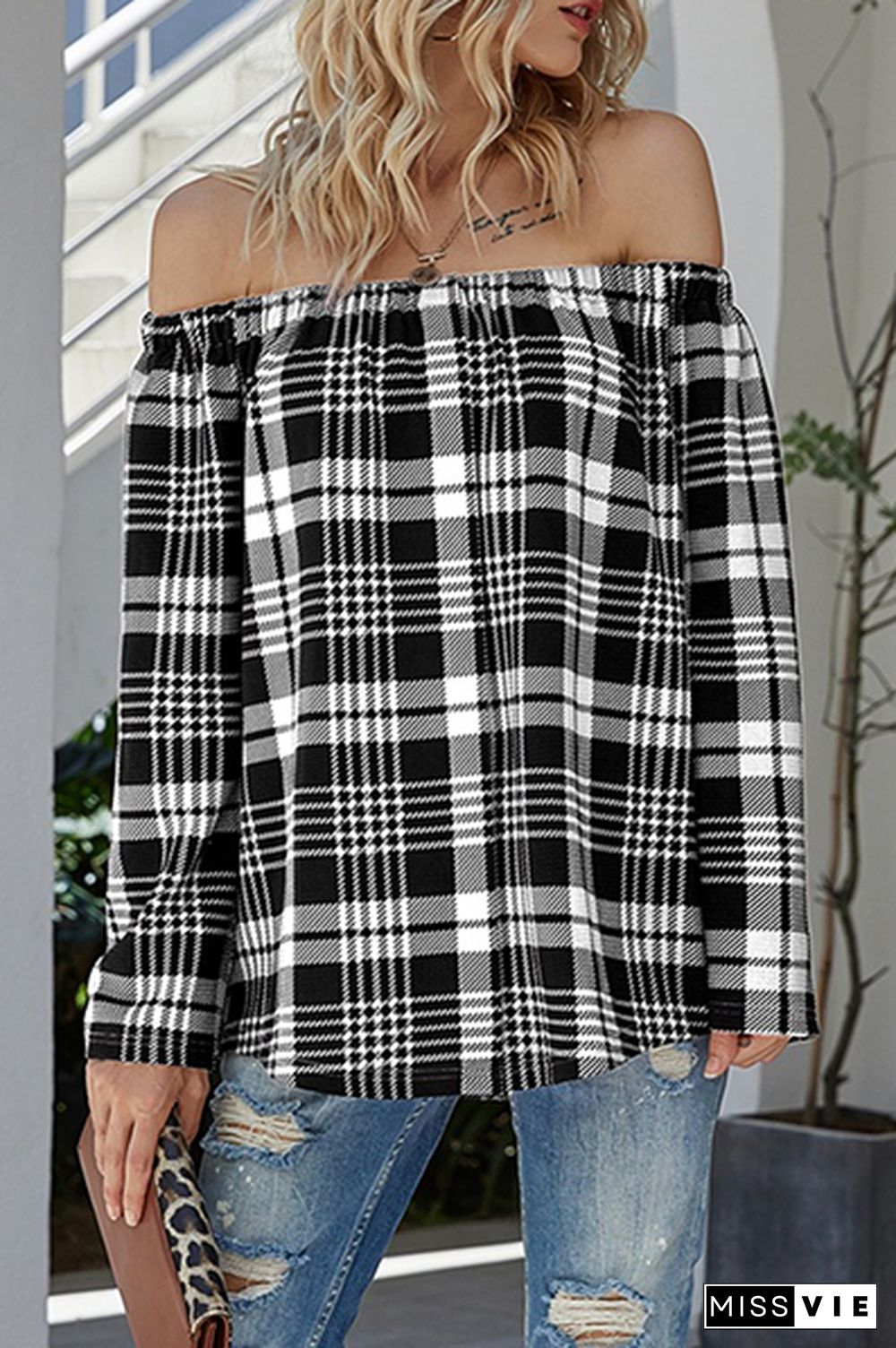 Casual Plaid Split Joint Off the Shoulder Tops