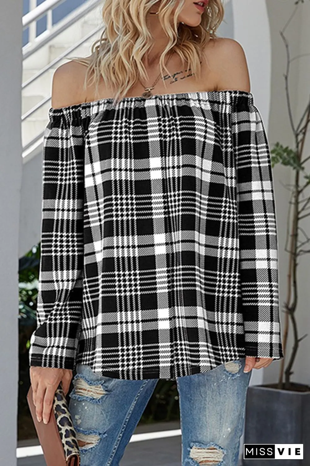 Casual Plaid Split Joint Off the Shoulder Tops