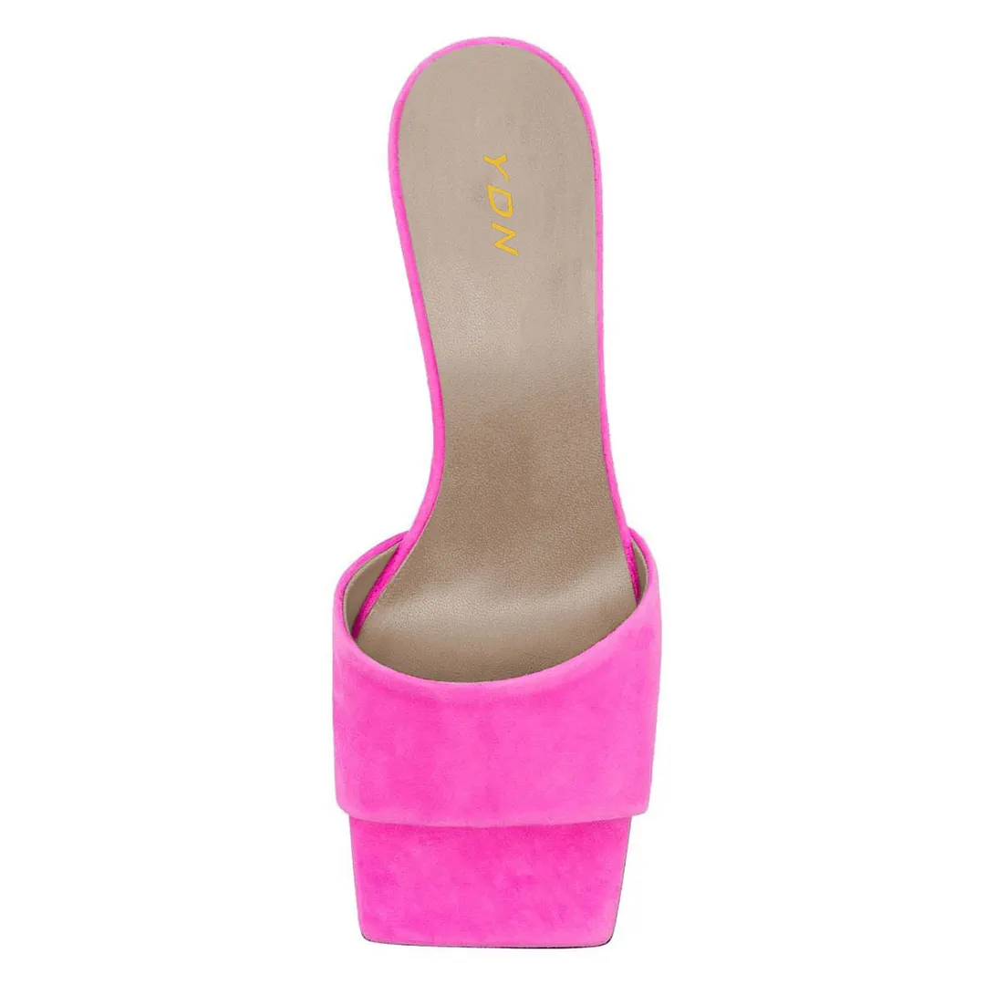 Pink Vegan Leather Open Square Toe Sculptural Heel Mules Sandals