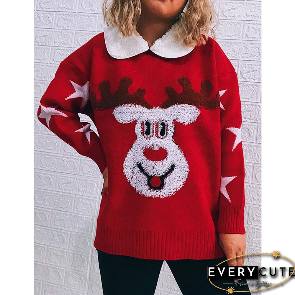 Red Deer Print Lapel Collar Thicken Christmas Pullover Sweater