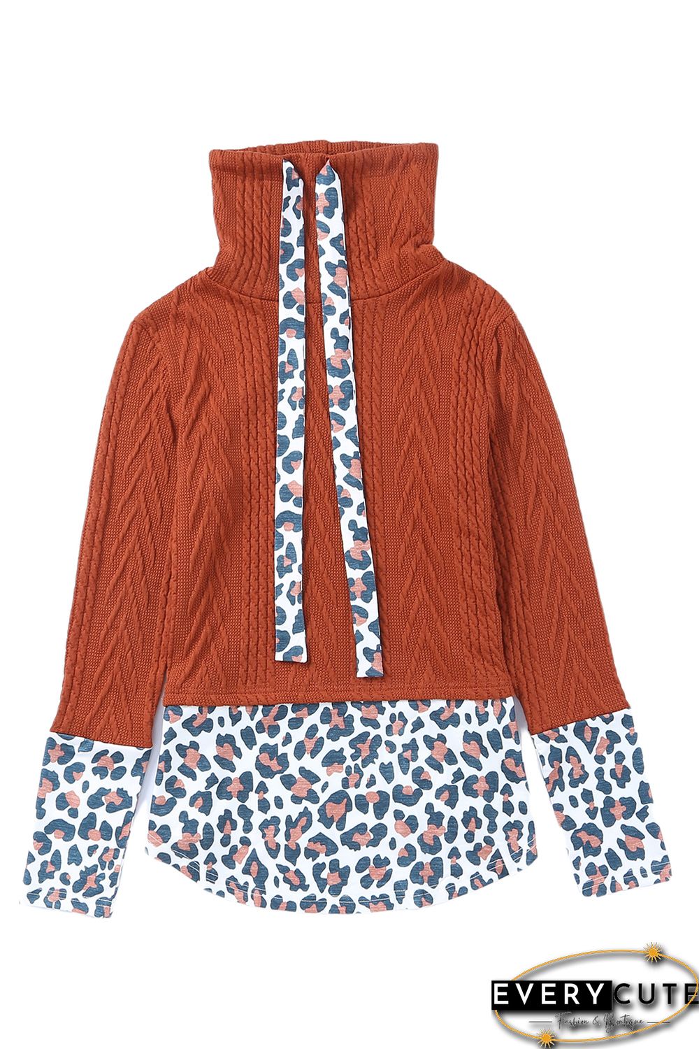 Leopard Patchwork Cowl Neck Knit Top