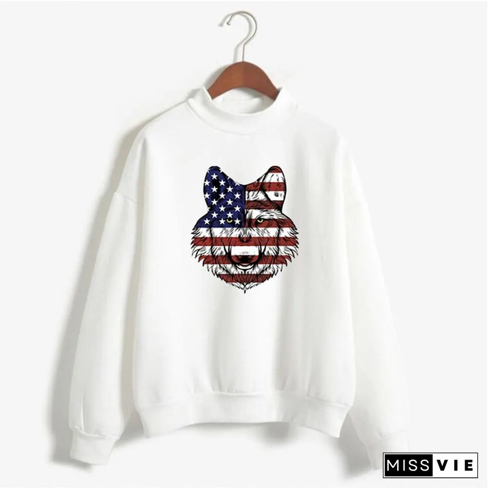 Women's Fashion Print Short Casual Pullover Loose Middle Collar Sweater