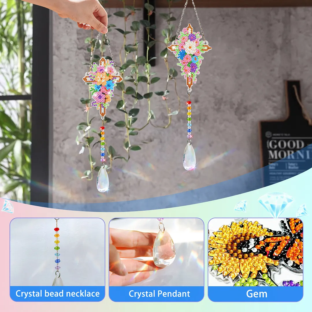 2Pcs Flower Cross DIY Acrylic Diamond Painting Art Wind Chimes with Crystal Pendant Diamond Art Hanging Pendant Double-Sided for Adults Beginners Gift Home Garden Decor