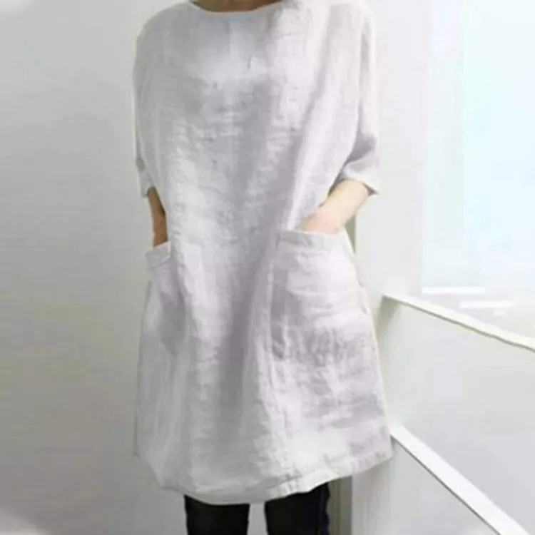 Vintage Plain Round Neck Pocket Short Sleeve Mini Dress