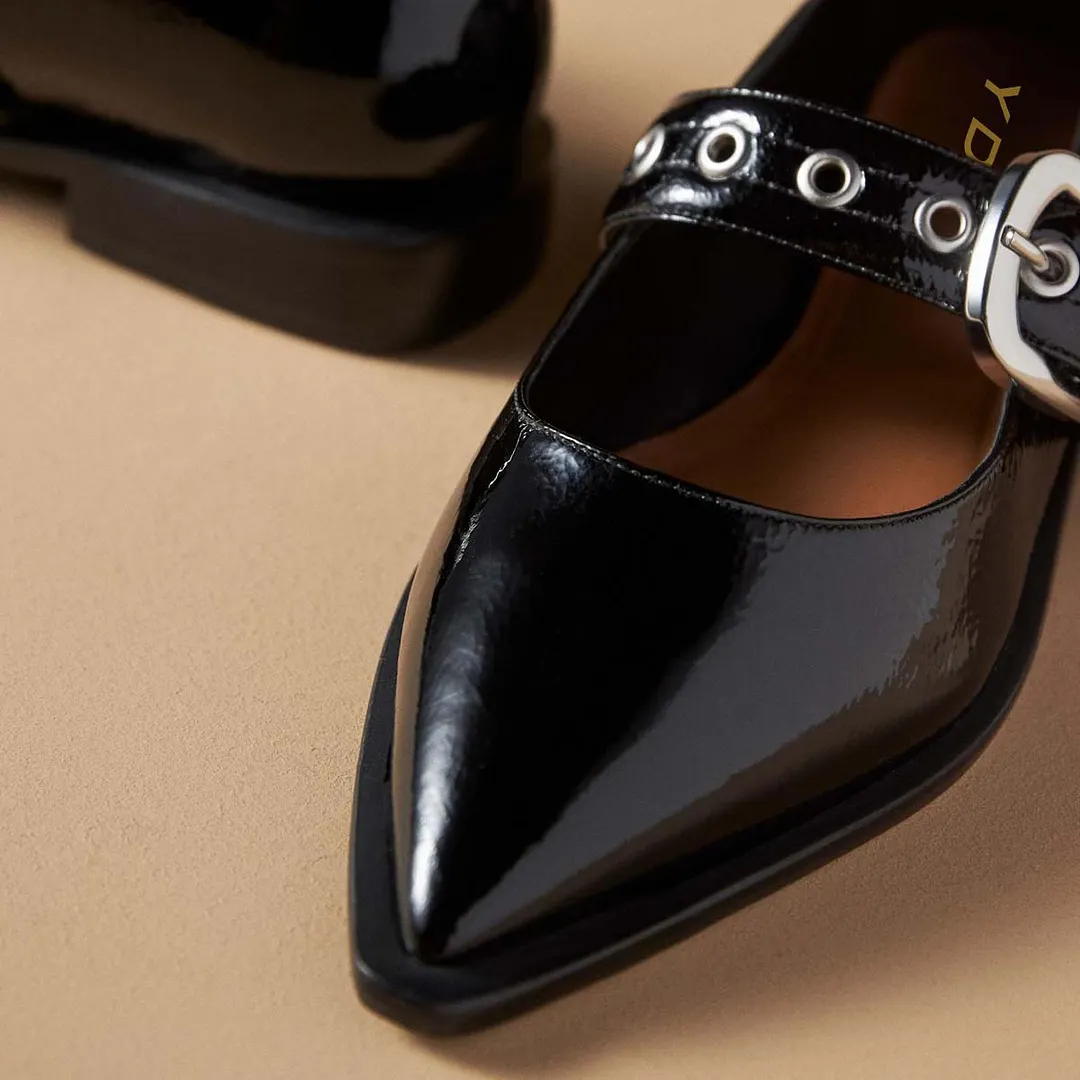 Patent Leather Pointed Toe Flat Buckle Strap Mary Jane Shoes in Black