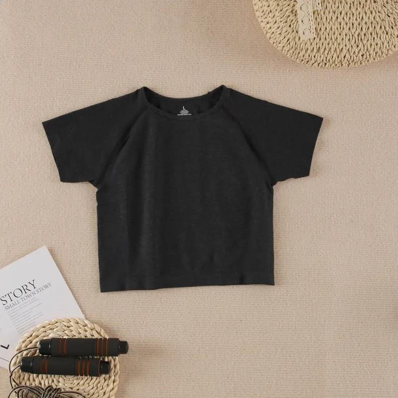 SVOKOR Sport Crop Top Women Seamless Short Sleeve T Shirts Fitness Elastic Tight O-Neck Athletic Active Wear Solid Bodycon