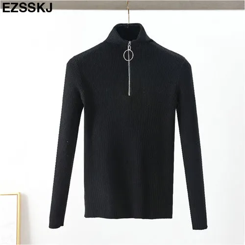 casual Zipper Sweater Women Turtleneck Solid spring autumn female Knitted sweater Pullovers long Sleeve chic Soft Jumper top