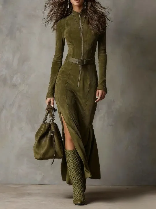 Vintage Green Zipper Belted Maxi Dress（Includes belt）