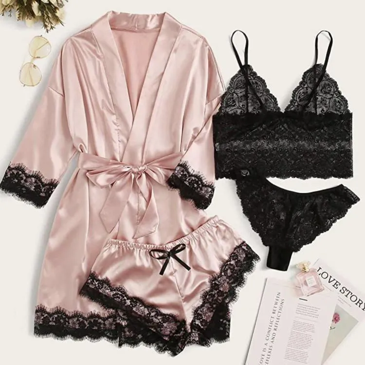 Churchf 2021 New Ladies Pajamas Four-Piece Sexy Sling Skirt Set Home Lace Pajamas Set