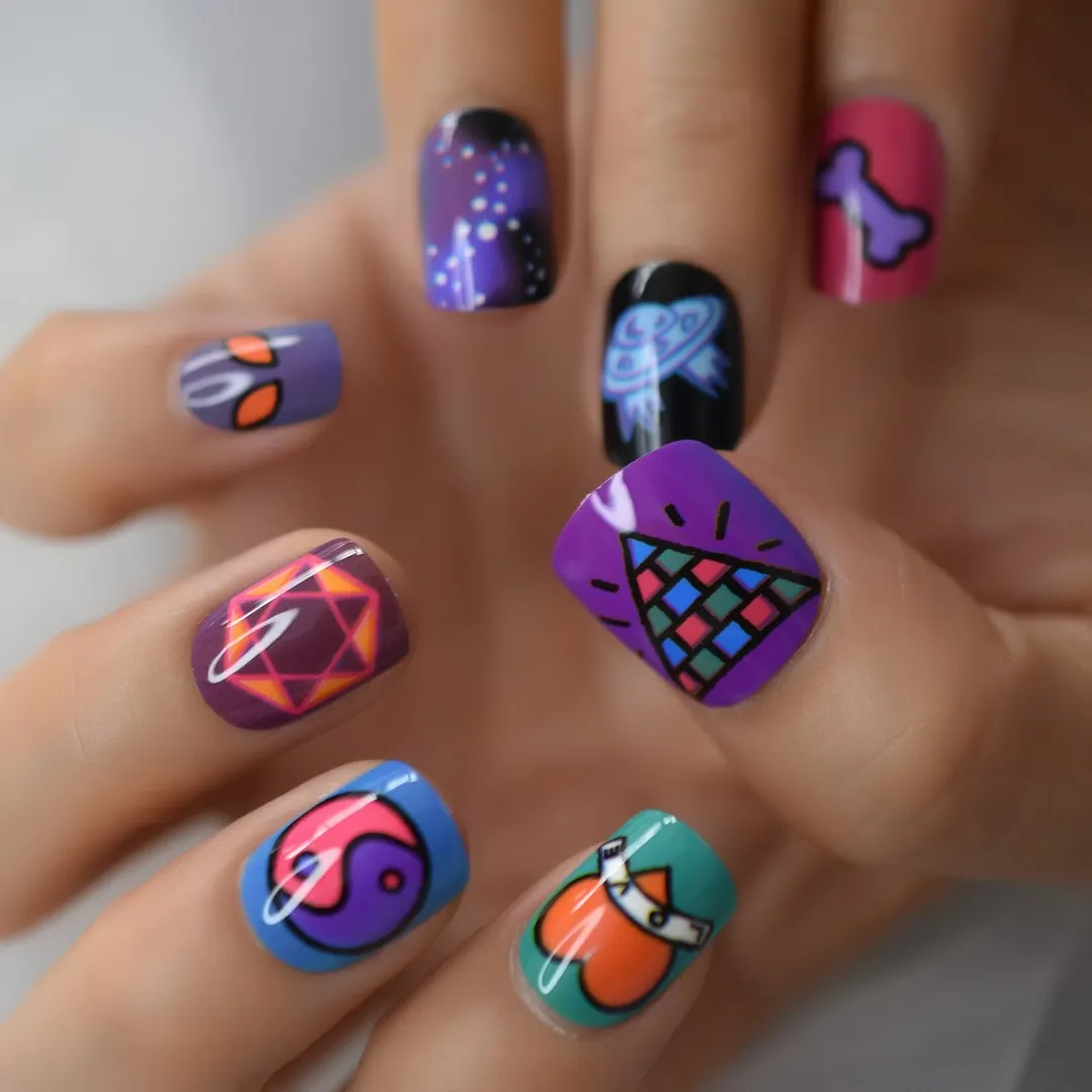 Colorful Anime Fingernails Press On Nails 2021 Magic Cartoon Pattern Square Short Full Cover Nails Gels/teens Nails Art Salely-Nail Inspo