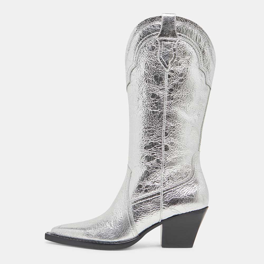 Silver Vegan Leather Distressed Block Heel Mid-Calf Cowgirl Boots