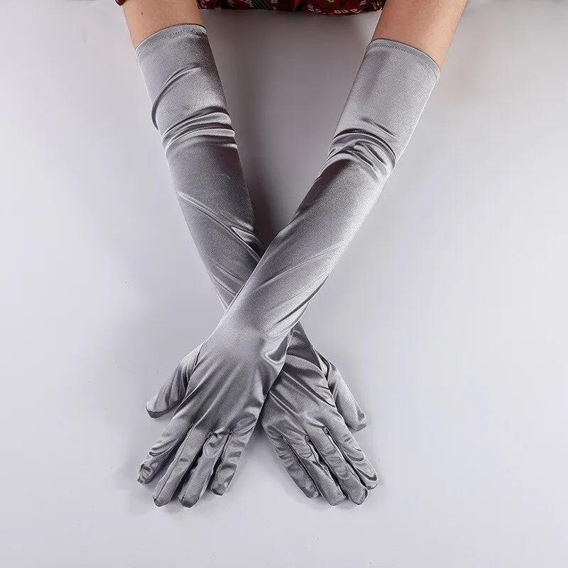 Billionm OJBK Women Classic Satin Finger Long Gloves Opera/Elbow/Wrist Stretch Gloves Halloween Cosplay Solid Color Party Arm Warmer 2022