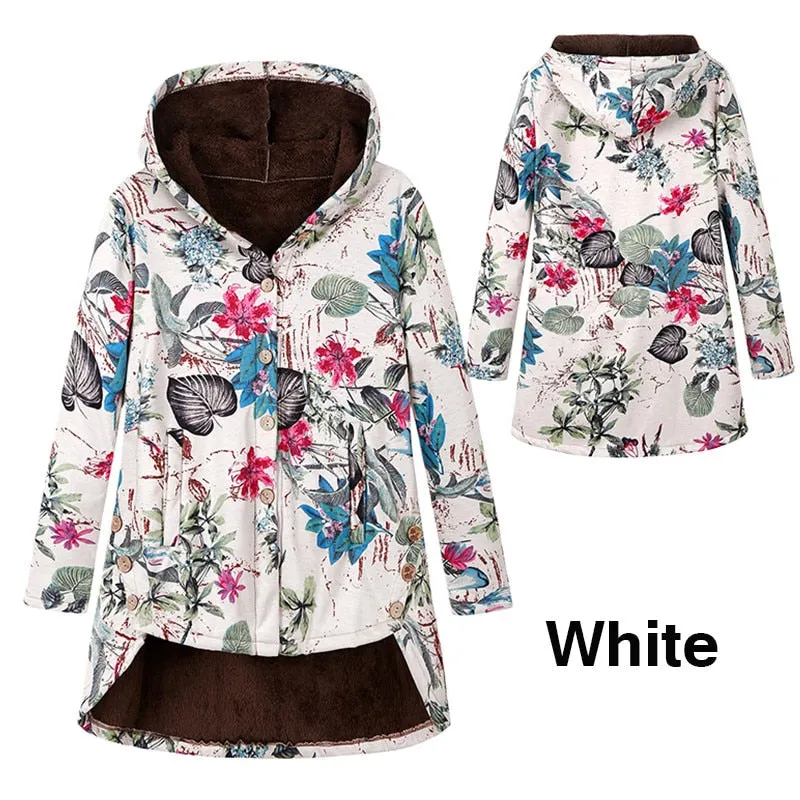 2021 Women Winter Long Hooded Pockets Oversized Floral Printed Loose Casual Jackets Button Comfort Long Sleeve Parkas Coats
