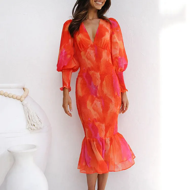 Printed Long Sleeve V-Neck Ruffle Midi Dress