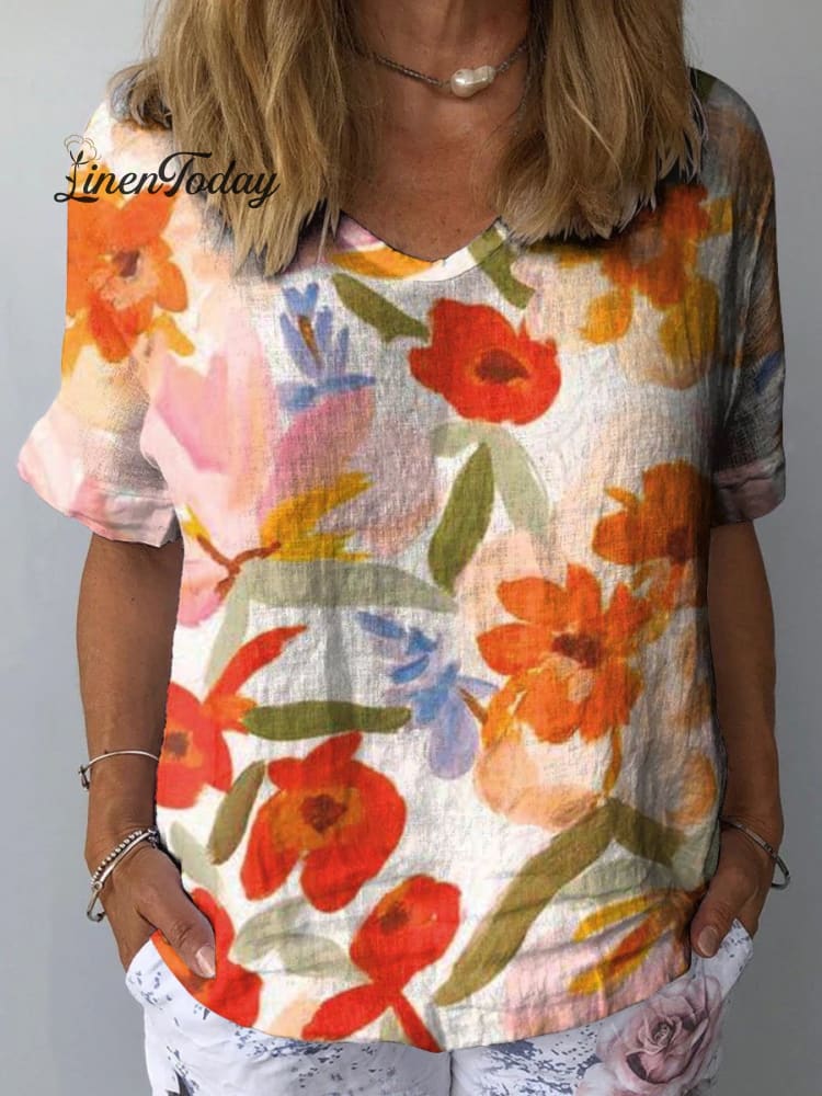 Women&rsquo;s Vintage Art Floral Print Casual Cotton And Linen Shirt Multicolor / S
