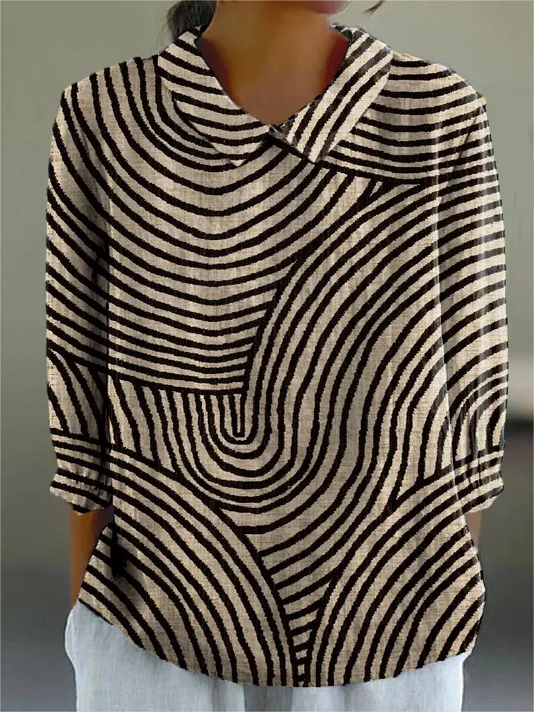 Women's Abstract Line Pattern Art Print Casual Cotton And Linen 3/4 Sleeve Shirt