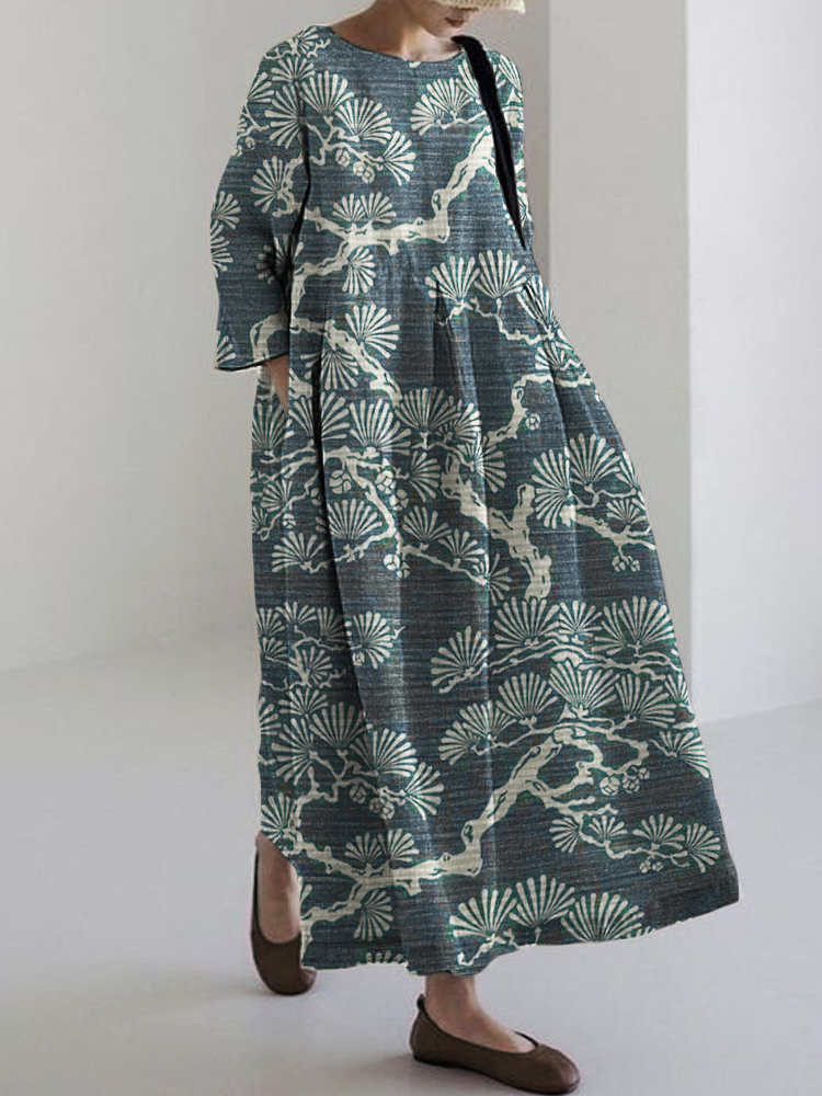 Pine Trees Japanese Lino Art Linen Blend Maxi Dress