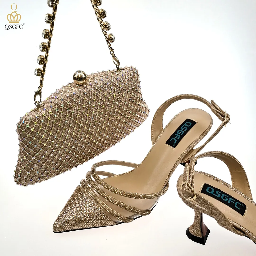QSGFC2022 Fashion Shiny Full Diamond Decoration In Nigeria Elegant Orange Color Ladies Shoes and Bag For Party Wedding