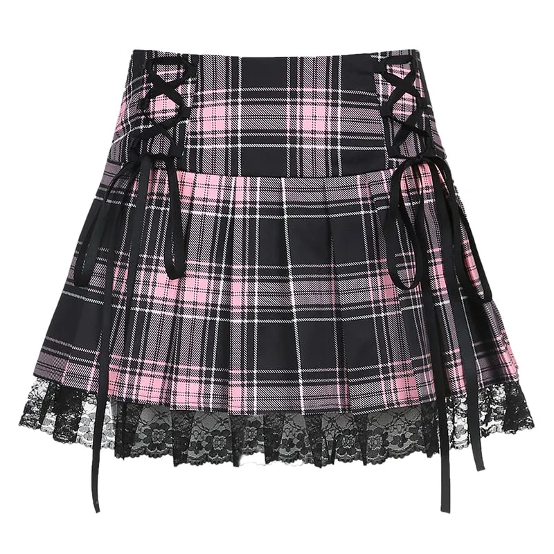 Mini Skirt Women Goth High Waist Punk A Line Skirts Ladies Y2K  Aesthetic Punk Plaid Pleated Short Skirt  Lace Up Jupe Femme