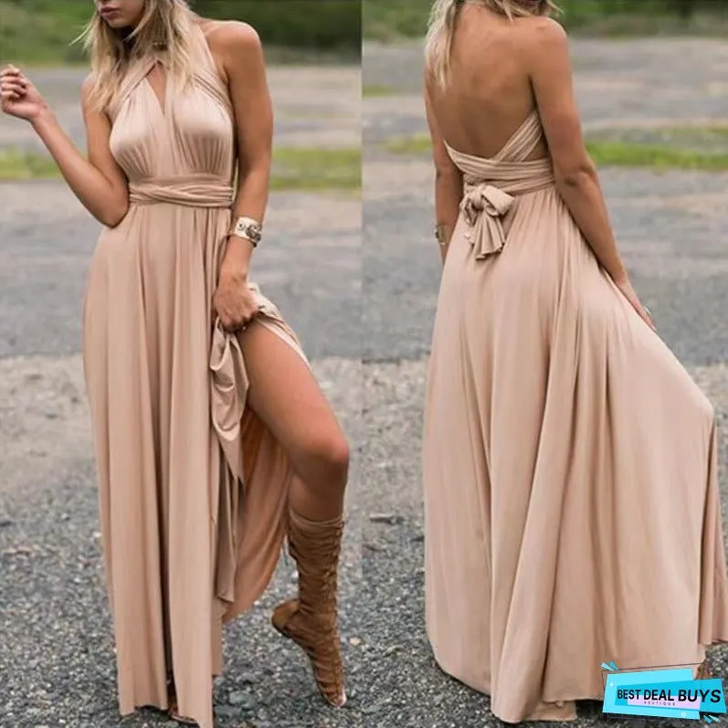 Cross-Border European and American Solid Color Various Wearing Methods Sexy Lace-up Red Dress Long Dress Bridesmaid Dress
