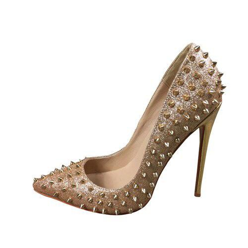 GOOSHOE Silver Glitter Rivet 12cm High Heels Gold Women Pumps Stiletto Pointed Toe