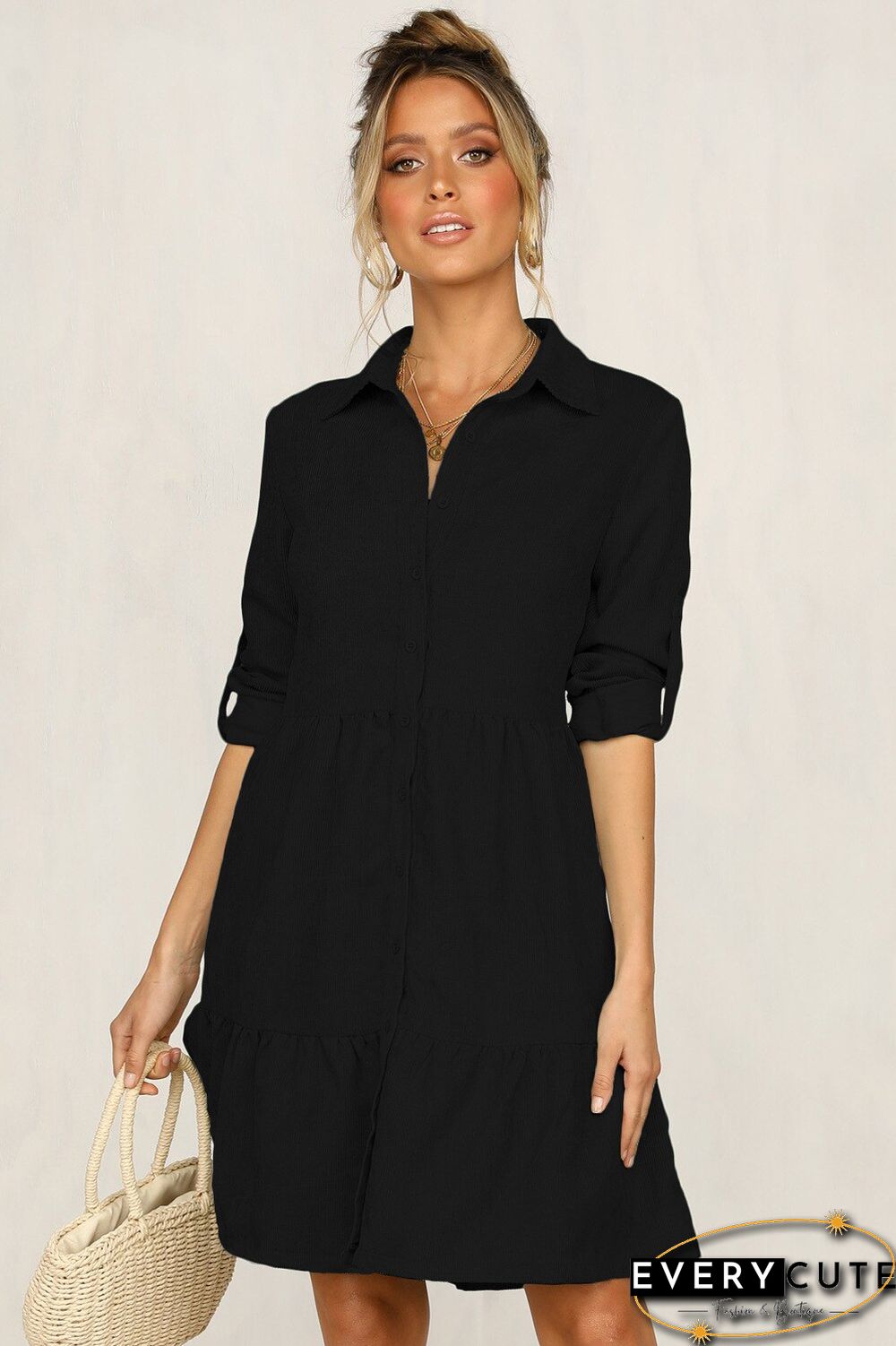 Fall/winter Big Swing Lapel Single-breasted Shirt Women Dress Sleeves Solid Color