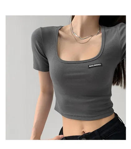 Brownm Brownm Collar Dew Collarbone Slim Bottom Shirt 2024 Summer New Short-Sleeve Crop Cord T-Shirt Student Short Jacket Female Ins