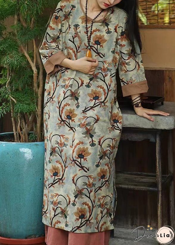 Women Brown Print Button Patchwork Cotton Dresses Bracelet Sleeve