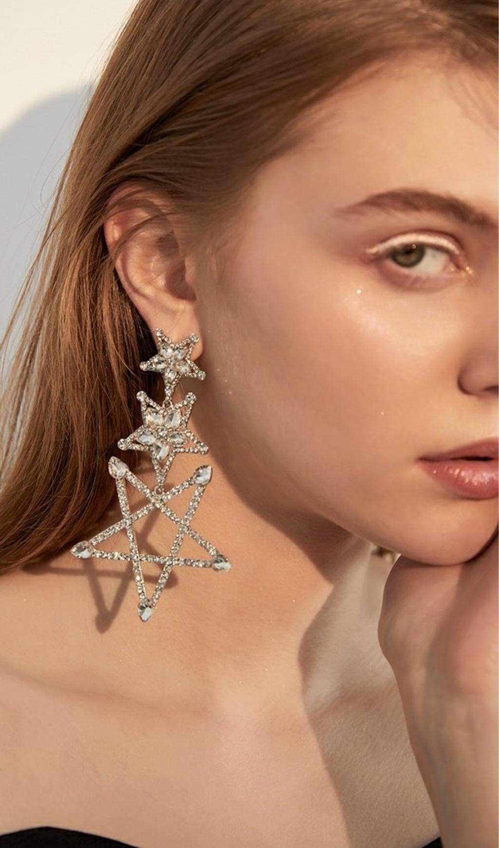 Fashionslee WomenArtan Silver Pentagram Rhinestone Earrings