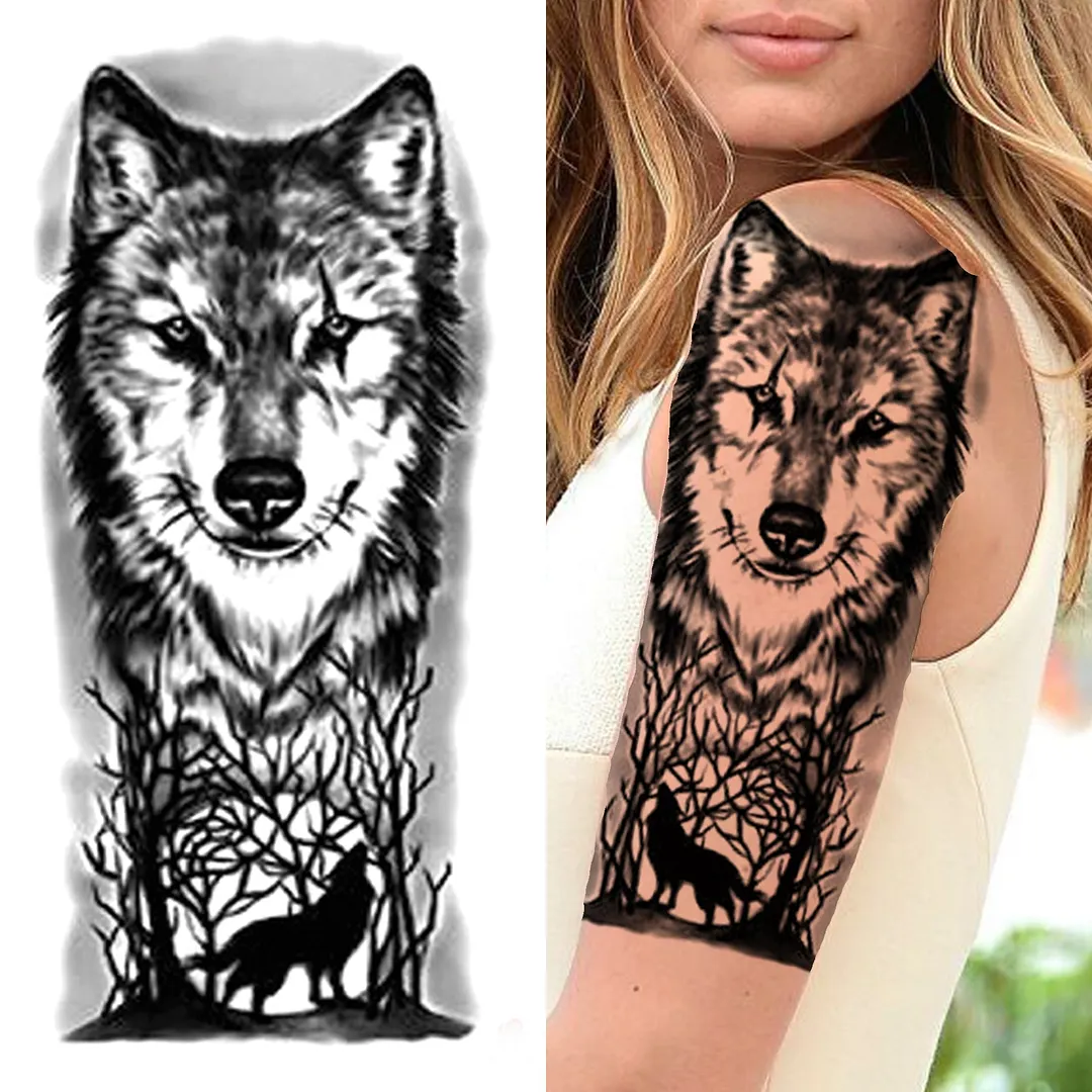 Cross Lion Temporary Tattoo For Women Men Adult Skull Tiger Wolf Forest Tattoo Sticker Black Fake Realistic Demon Tatoos Forearm 530