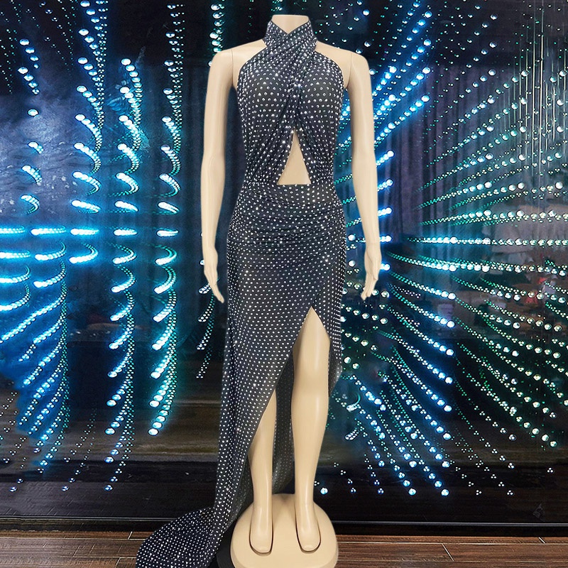 GOOSHOE Clothing Vendors Black Hollow Night Rhinestone Club Dress Halter Dresses
