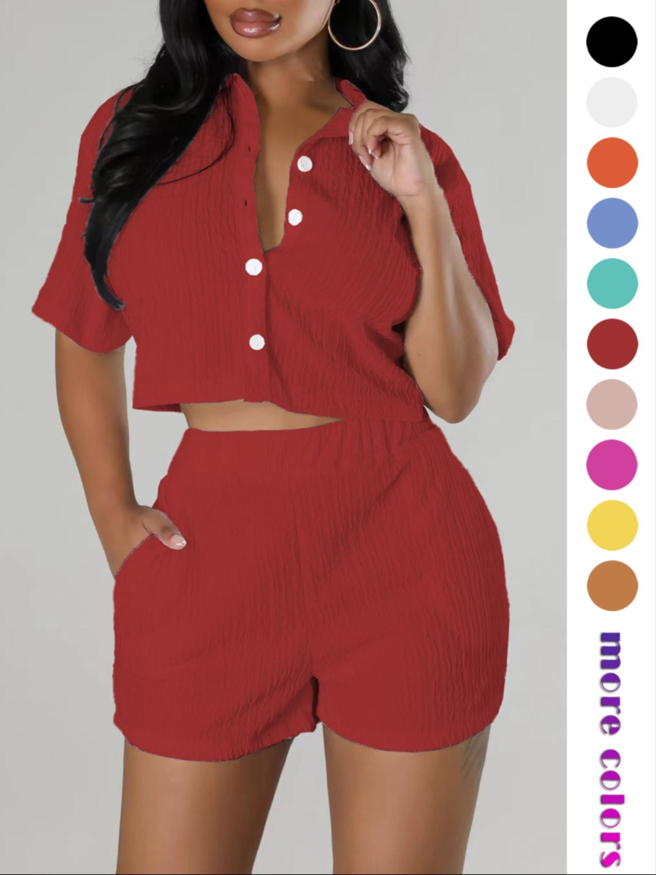 Two-piece Set Women's Textured Button Front Shirt & Elastic Waist Shorts Set, Chic Versatile Short Sleeve Collared Top & Pocket Design Shorts, Casual Style Two-piece Outfits for Women, Womenswear, Matching Clothing Set