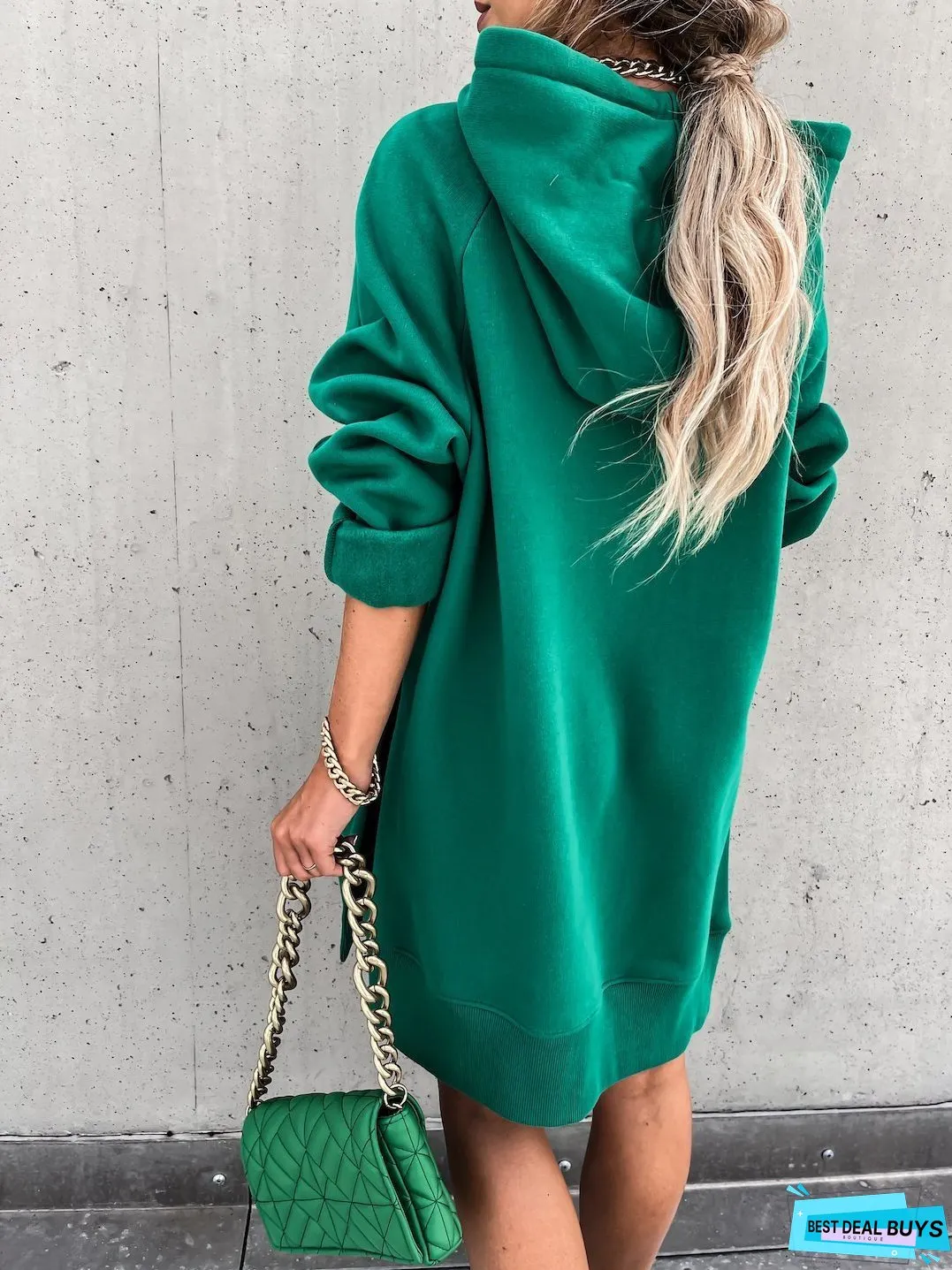Pocket Long Sleeve Drawstring Hooded Slit Dress