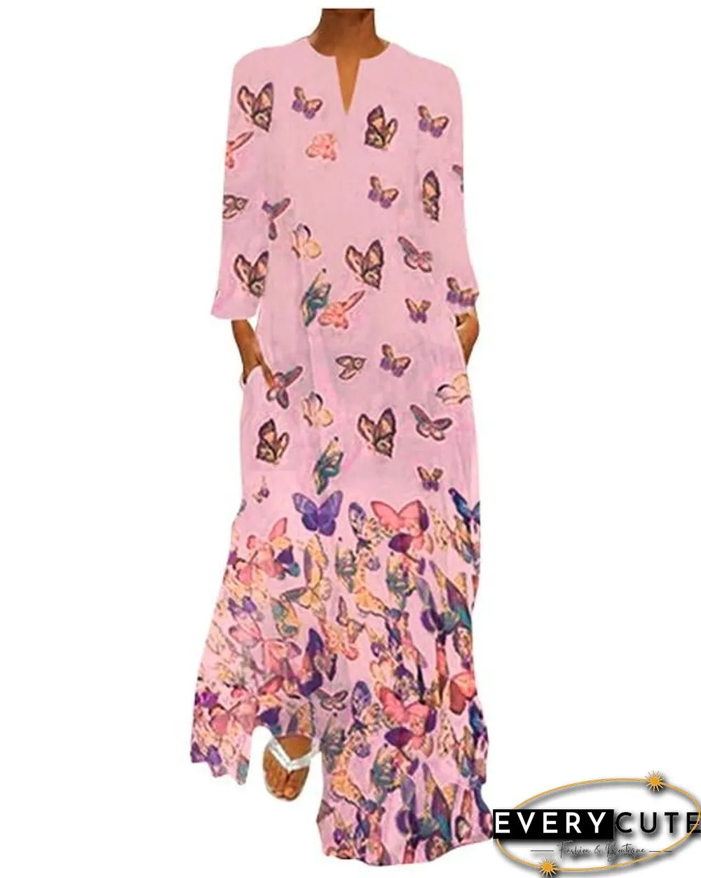Women's Shift Dress Maxi long Dress - Long Sleeve Butterfly Spring Fall Hot Loose White Yellow Blushing Pink Light Blue S M L XL XXL 3XL 4XL 5XL