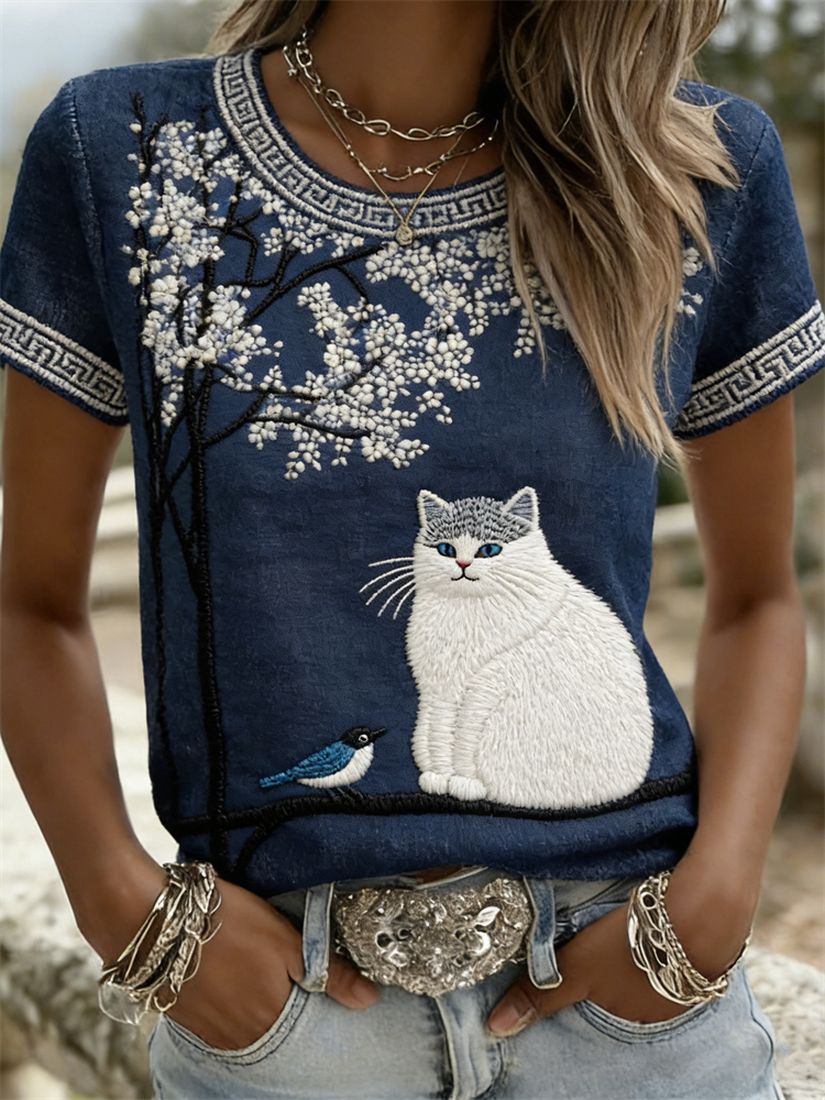 Comstylish Cat & Bird On Floral Tree Japanese Art T Shirt