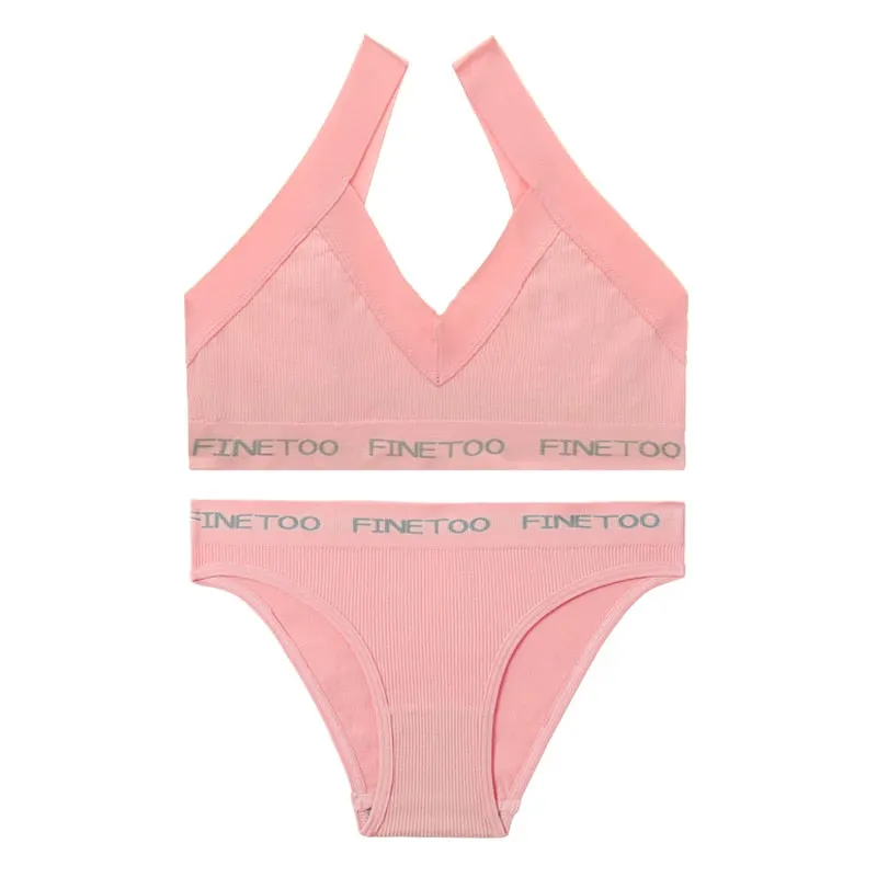 FINETOO Deep V Bra Set M-XL Women Seamless Underwear Girls Soft Tops and Letter Briefs Ladies Bras Set Comfortable Lingerie Set