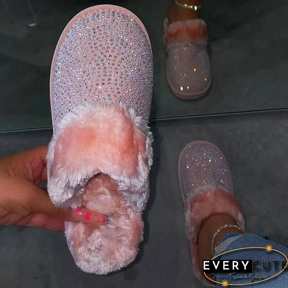 Fashion Womens Glitter Crystal Slippers Memory Foam Fluffy Fur Soft Slippers Warm House Shoes Indoor Outdoor Winter Christmas Gift