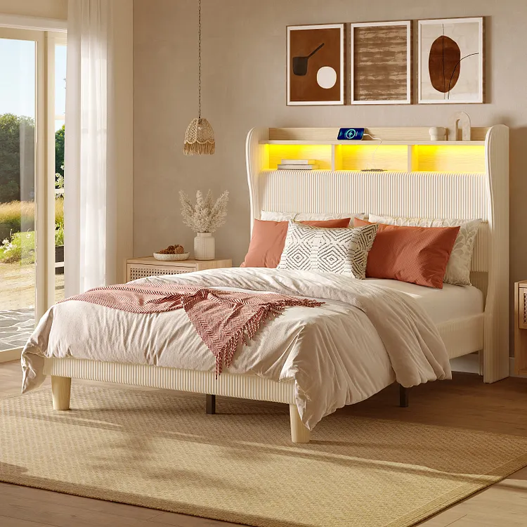 Bestier Bed Frame with 50.18'' Tall Wingback Headboard, Corduroy Upholstered Platform Bed Frame with LED Lights & Charging Station, Off-White