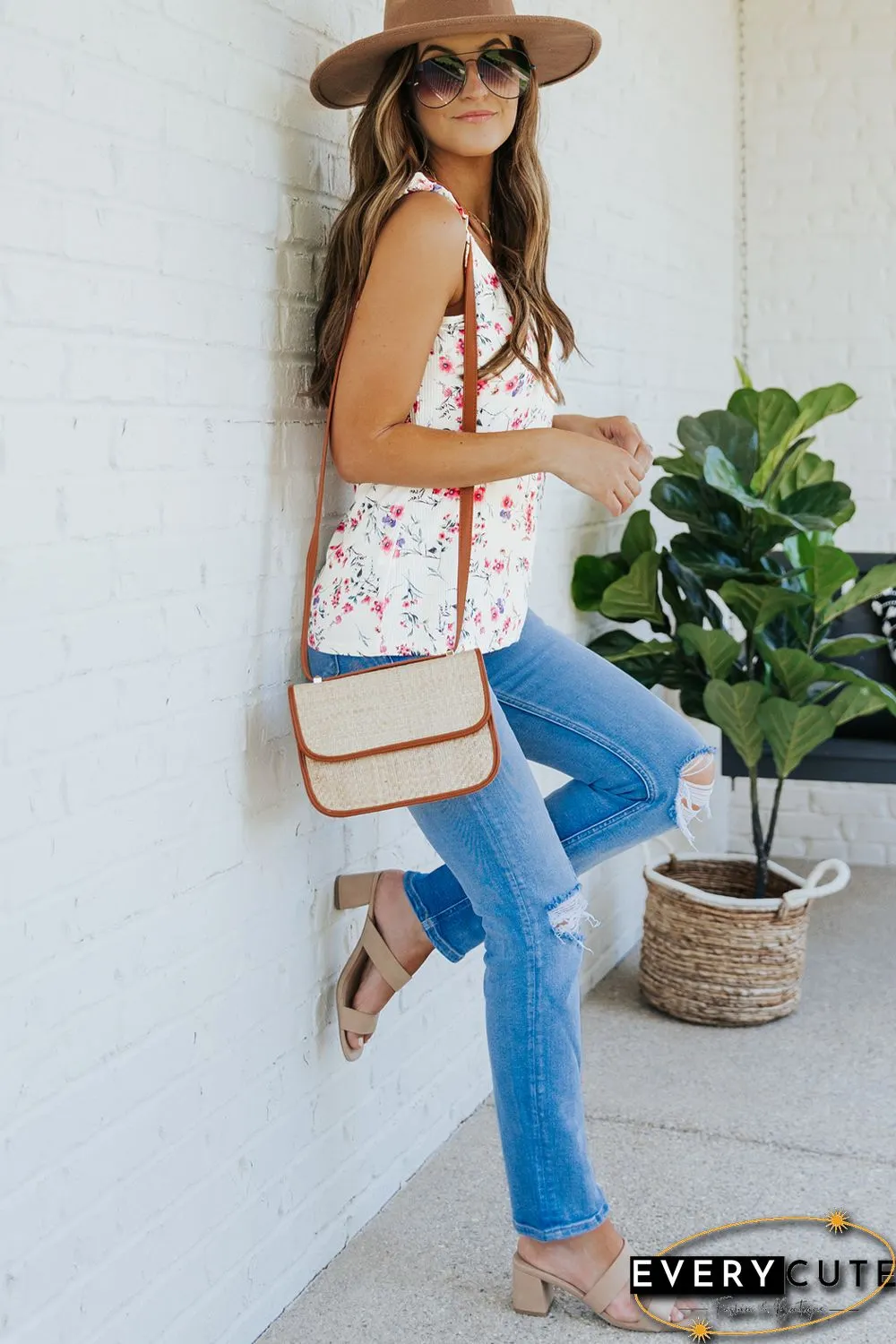 White Ruffle Straps Floral Rib Knit Tank Top
