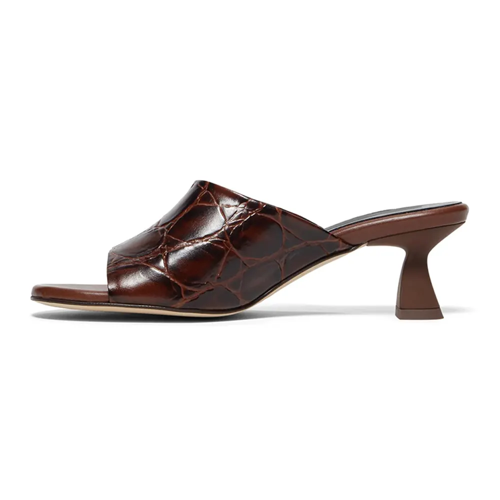 Brown Embossed Round Toe Wide Strap Mid Flared Heeled Mules