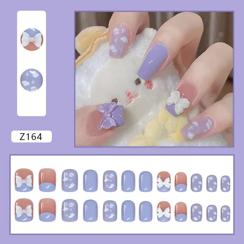 24pcs/box Fake Nails With Glue Yellow Flower Printed Type Short Paragraph Fashion Manicure Press On False Nails Gifts For Girls-Nail Inspo