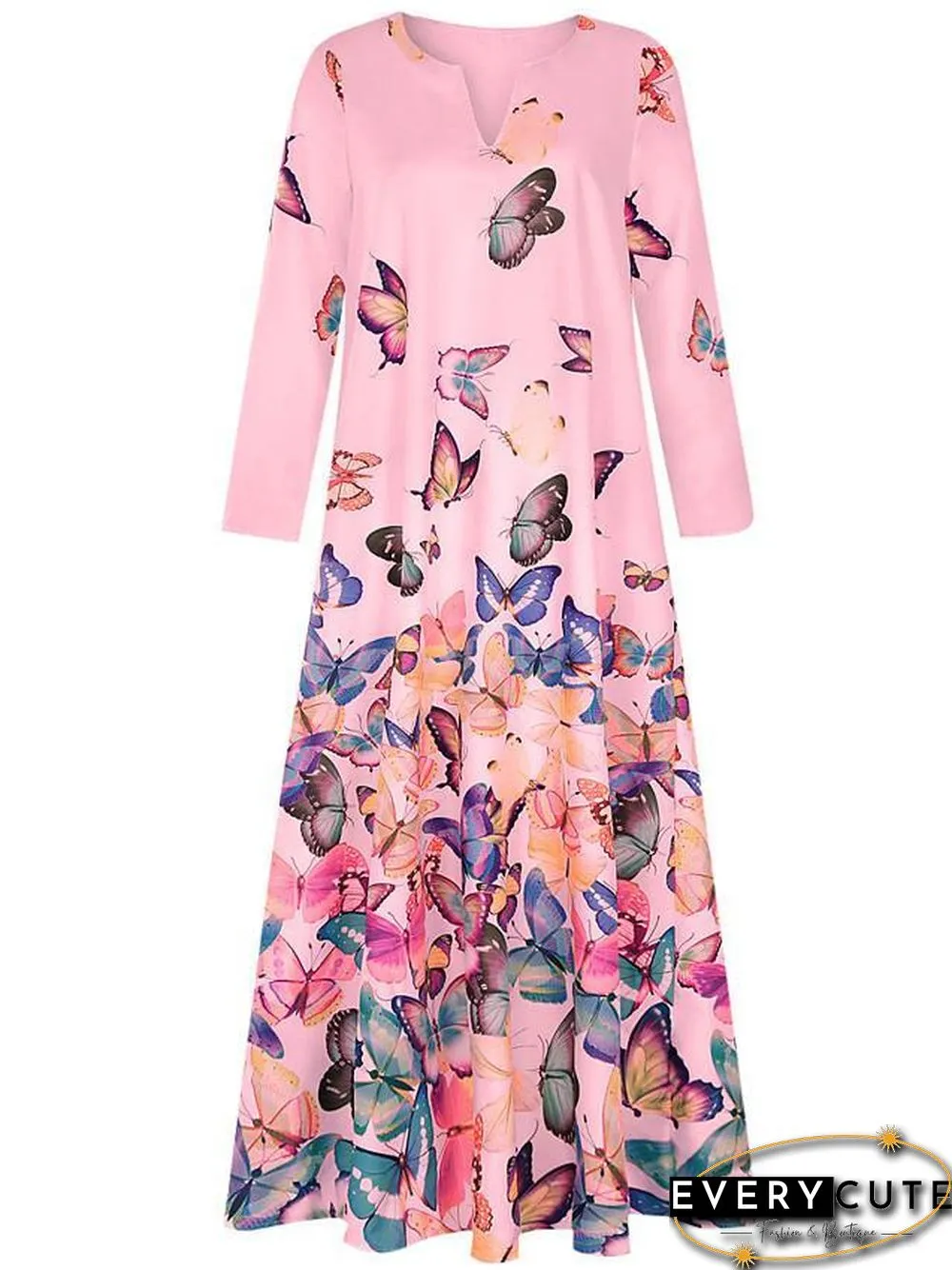 Women's Shift Dress Maxi long Dress - Long Sleeve Butterfly Spring Fall Hot Loose White Yellow Blushing Pink Light Blue S M L XL XXL 3XL 4XL 5XL